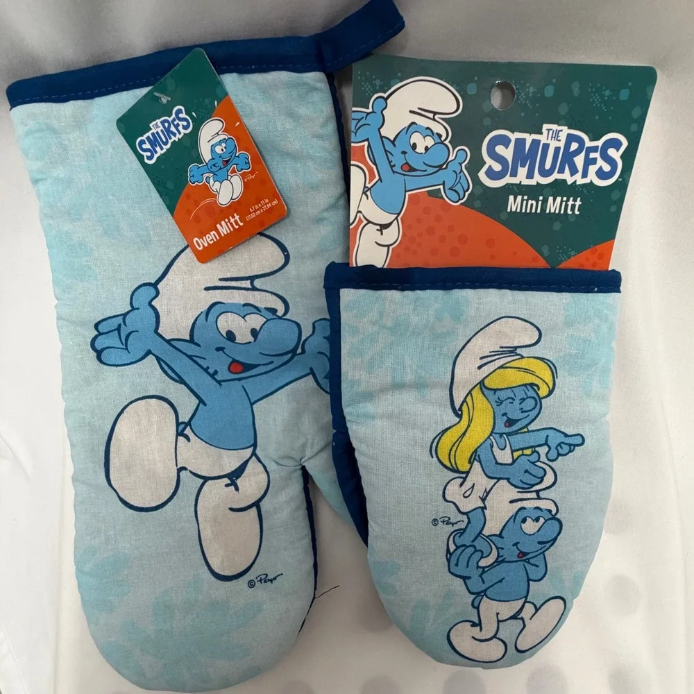The Smurfs Oven Mitt and Mini Mitt Set Blue Cotton Kitchen Linens NWT